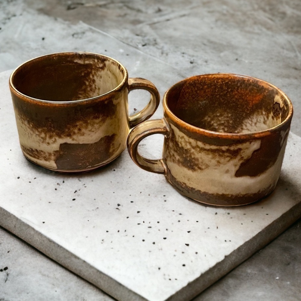 Vintage‎ Handmade MCM Short Hand Dipped Brown Coffee Latte Mug Tea Cup Set Of 2